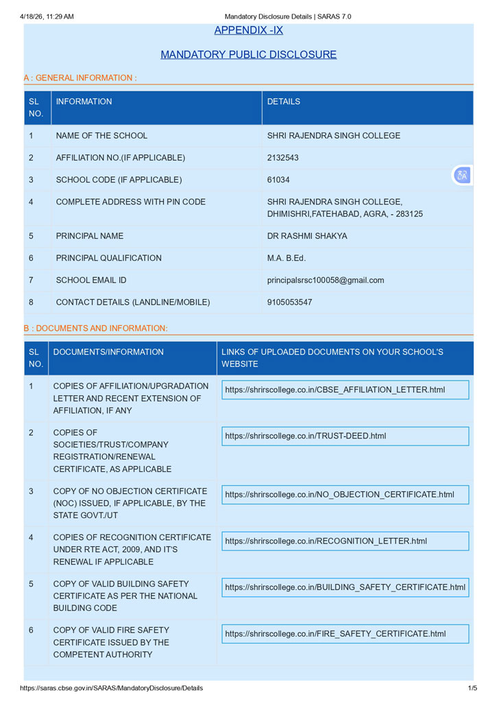 CBSE MANDATORY DISCLOSURE