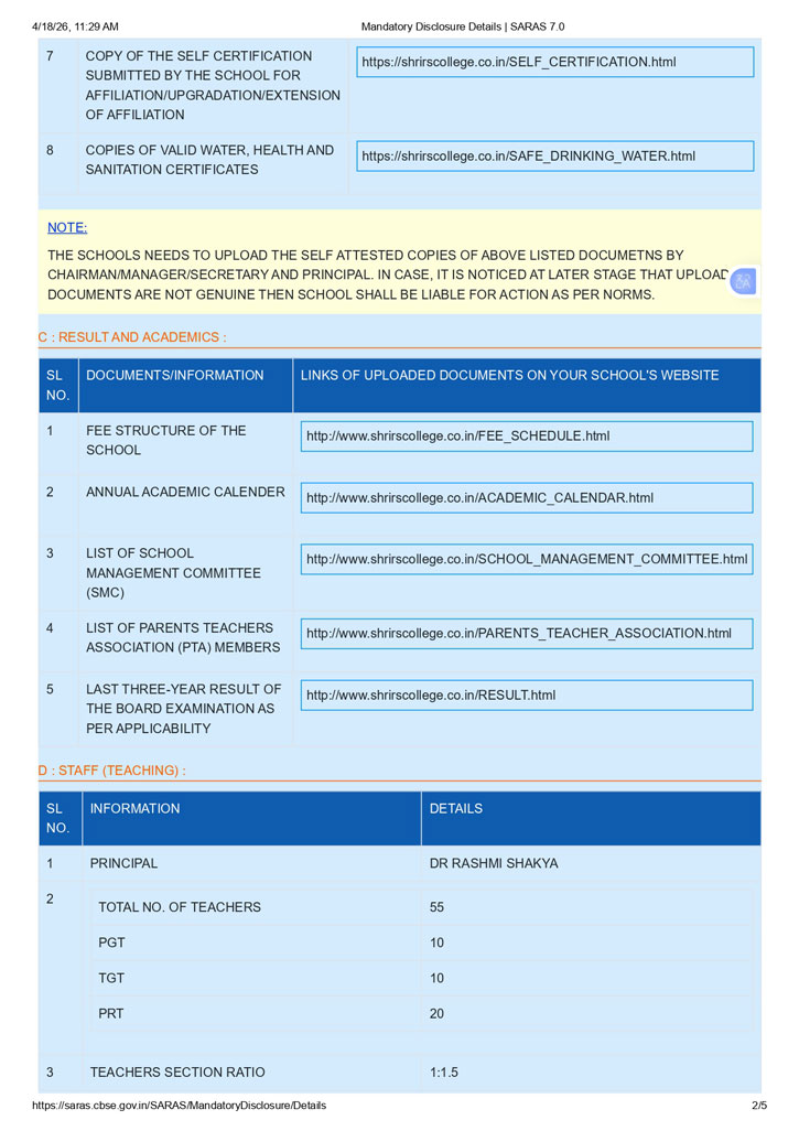 CBSE MANDATORY DISCLOSURE